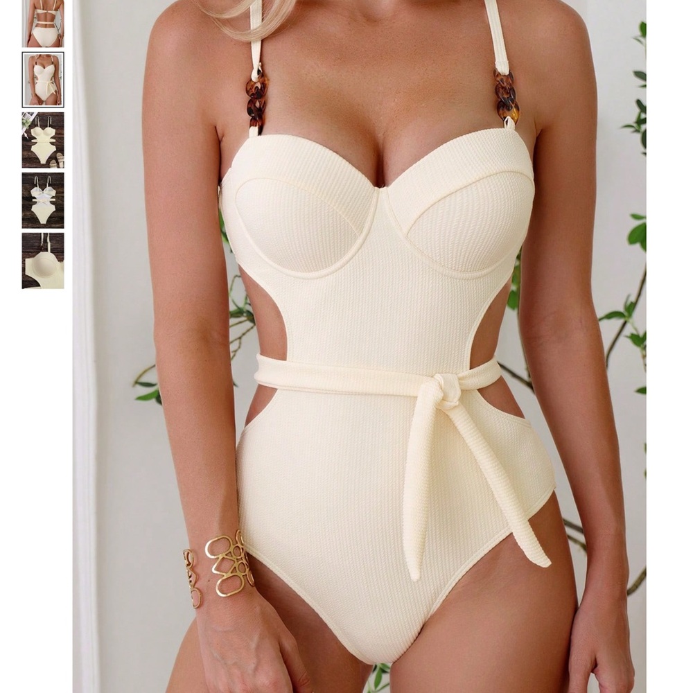 SHEIN Swim Summer Beach Ribbed Knit Cut Out Waist Belted One Piece Swimsuit sz 4